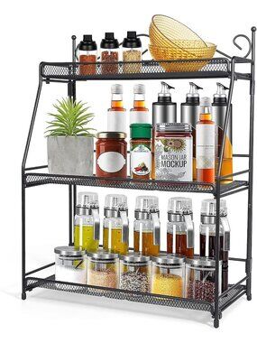 New 3 Tier Black Foldable Metal Spice Rack Countertop Bathroom Shelf Organizer